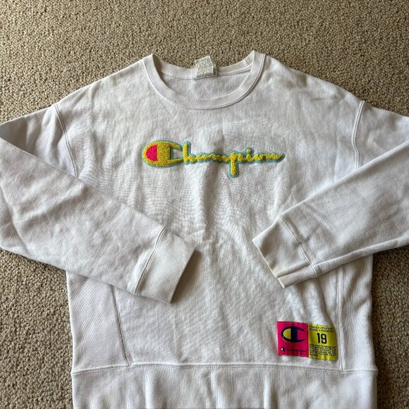 Vintage Champion Reverse Weave Sweatshirt | White | Rare Puffy Yellow Logo - Picture 1 of 11